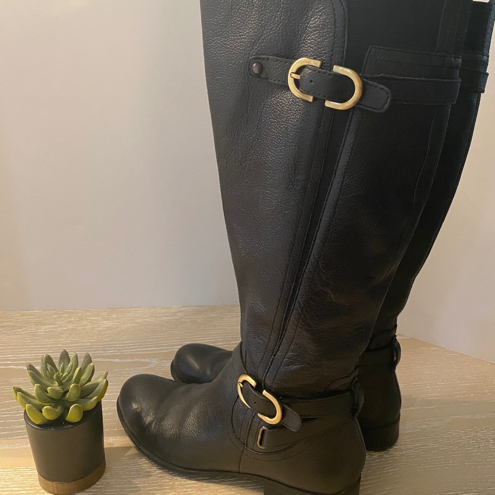 Naturalized Black Leather Calf Boots Low Block Heel Riding Boots